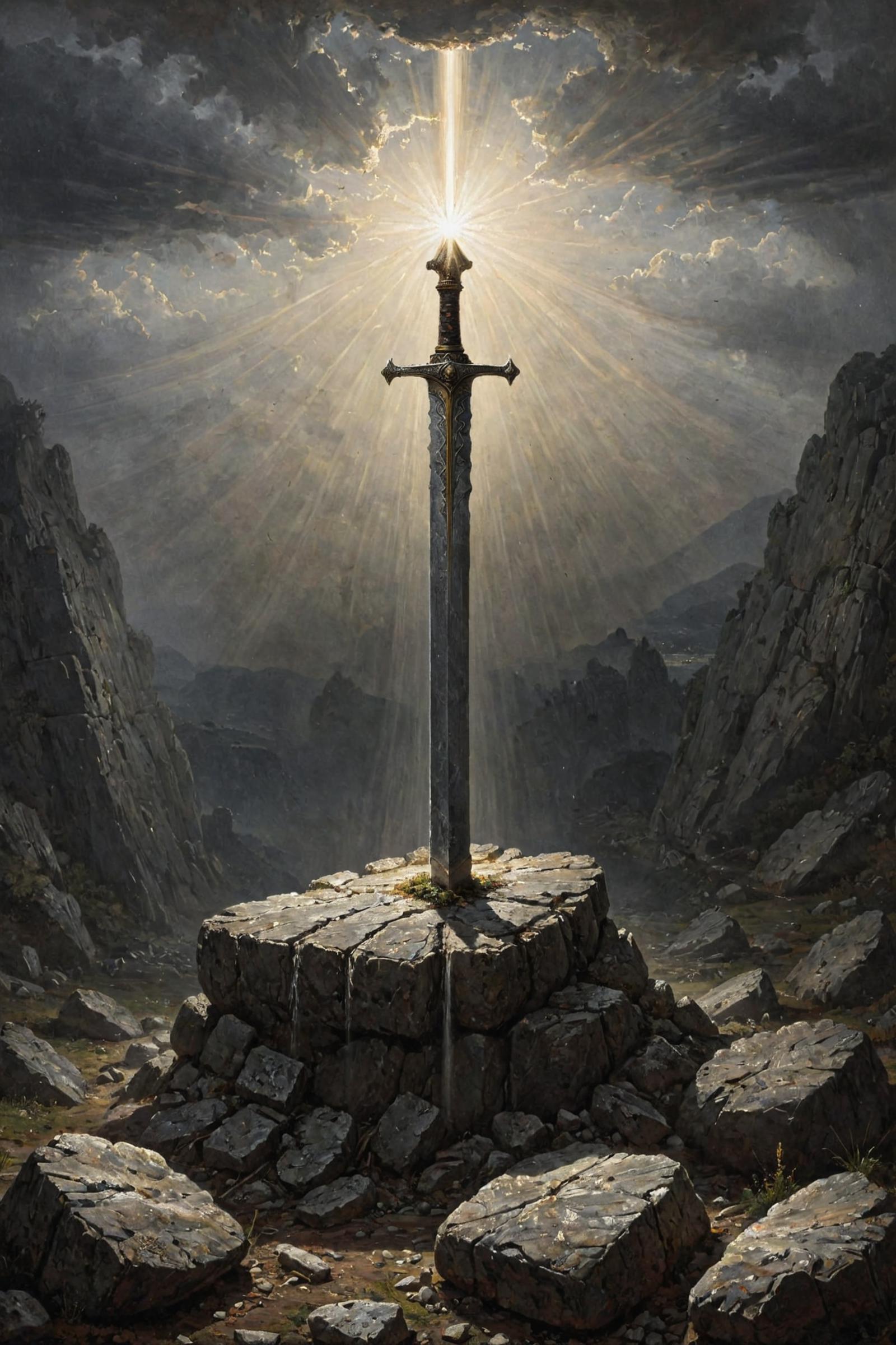 Ancient sword on top of a stone pedestal in a rocky mountain landscape.