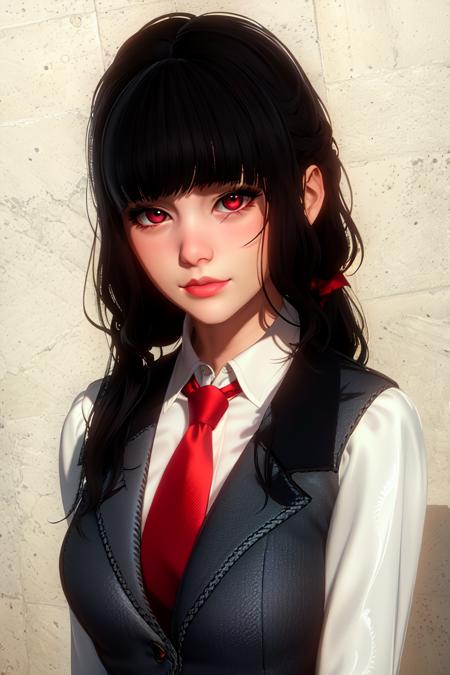 masterpiece, (ultra detailed background, delicate pattern, intricate detail), (highly detailed, fine details), best quality, beautiful lighting, 1girl, solo, Luna, black hair, lips, red eyes, long hair, blunt bangs, closed mouth, red lips, ((slim girl, petite girl)), gloves, (gray jacket, dark-blue skirt, short skirt, white collared shirt), red tie, complex detailed background, inside, school environment, classroom, blackboard, ((close-up, portrait)), <lora:Luna:0.7>