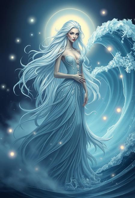 A majestic water goddess standing gracefully by a glowing wave, ethereal long flowing hair made of liquid silver, shimmering ocean-blue eyes, wearing an elegant dress made of flowing water and seashells, surrounded by glowing orbs and mist