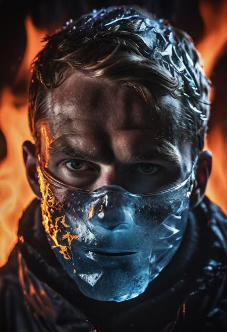 high quality, photo of 30 y.o Scandinavian man, upper body, mask of translucent ice covering half of his face, detailed face, cinematic shot, dramatic lighting, lava and fire in background