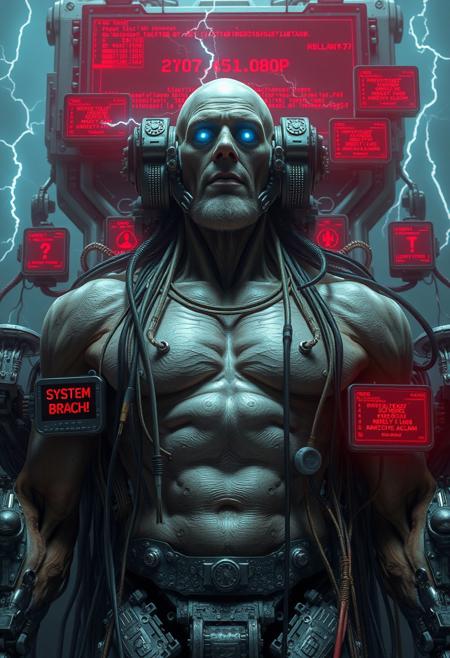 Sexual, suggestive, Bodyhorror, Big tall old sexy gay bodybuilder granddad, HR Giger sci-fi horror film, dark cinematic sci-fi atmosphere, blame! Megastructure by tsutomu nihei, biomechanic cyborg plugged into machine with many big cables and colorcoded wires, multiple robotic arms coming out of his back like a god of illusion, huge tubes connected to body, organic fleshy components and pale wet skin with large musclefibers, machine god embedded into huge cybernetic throne, glowing blue eyes that emit electric lightning, short-circuit, thunderbolts, red glowing Datastream surrounding cables, screen in back with a lot of binary code on it, red holographic screens with errorcode and exclamation marks floating around  god, one screen displaying "SYSTEM BREACH!", calm serene stoic expression on machine gods face