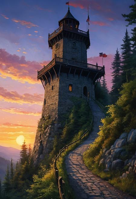 A close-up, 
portrait of a warrior with a speartip, 
in the foreground, 
in the background a single, 
winding road, 
leading up through a forest towards a high watchtower on the top on a hill, 
lights twinkle in the tower as twilight approaches and the sun sets, 
hyper-detailing, 
UHD, 
3D digital fantasy art, 
16K, 
Watercolor, 
trending on artstation, 
sharp focus, 
studio photo, 
intricate details, 
highly detailed, 
by greg rutkowski