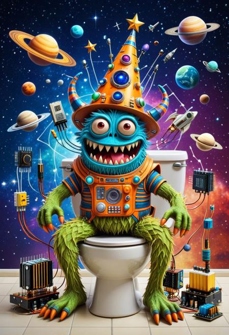 score_9, score_8_up, score_7_up, score_6_up,
super colorful, highly detailed, funny monster, funny, silly hat, detailed background, space craft, space ship, extravagant background,  sitting on, galaxy toilet, colorful, star (sky), planets, Transistors, futuristic, cimputers,