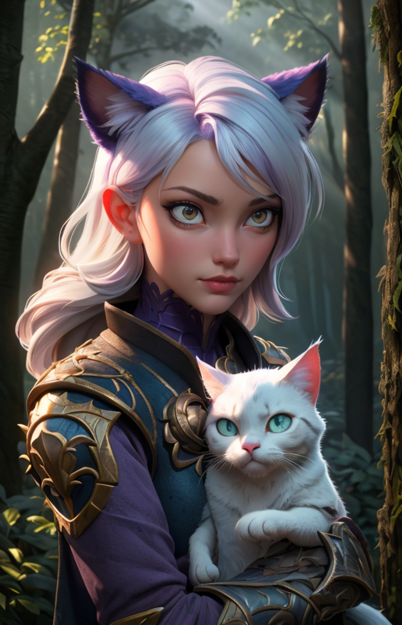 Purple-haired woman holding a white cat in the forest.