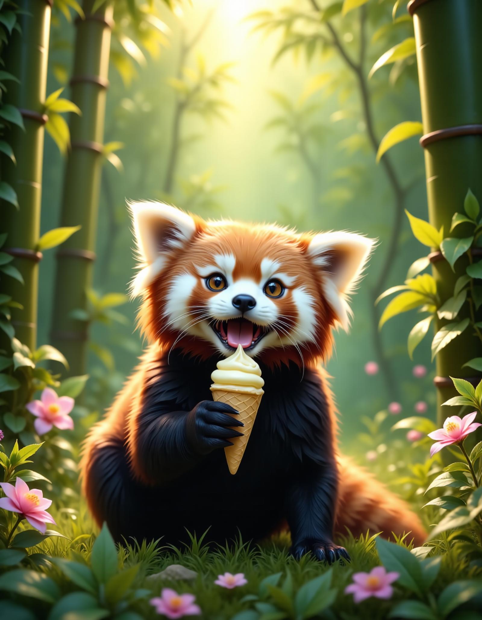 A stunning wildlife photograph capturing a cute and adorable red panda in its natural habitat, nestled among the dense bamboo forests of the Himalayas. The red panda is shown eating ice cream on a beautiful summer's day, with the scene rendered in highly realistic detail. The lighting is soft, and the colors are vibrant, emphasizing the lush green surroundings and the red panda's excited, happy expression as it enjoys the warm, sunny weather.
 <lora:DetailAnimals:0.8>