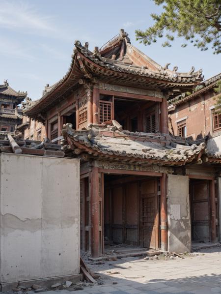 ruinedarchi, ruined building, cnarchi, photo realism, traditional chinese architecture, temple, <lora:ruinedarchi:0.3>, <lora:chinese_architecture_v1:0.6>