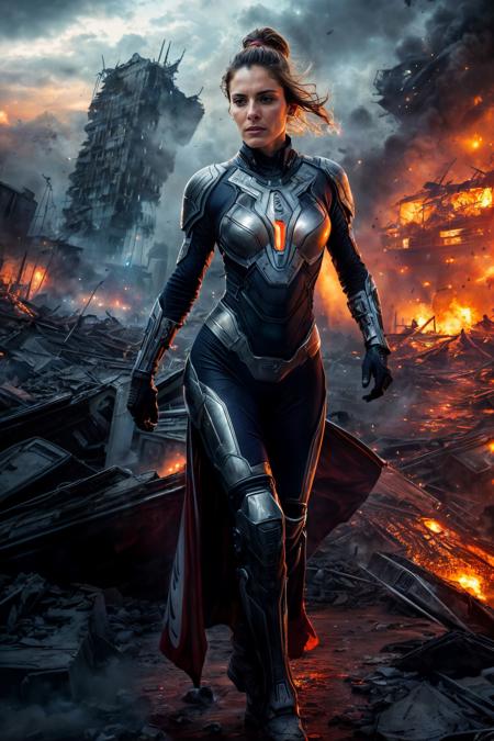 <lora:NeoFuturisticTech:0.1>((beautiful woman)) wearing a neotech armor, sleek, explosive pose, expressionism, movie still, hyper detailed, intricate design, insanely detailed, fine details, scifi, in a destroyed city, frontal illumination, <lora:add_detail:0.6>