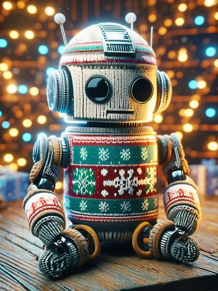 cybernetic robot <lora:SDXLChristmasSweater:1> christmassweater, oceanic Christmas theme, highly detailed dynamic shot of 
a cute robot, 
highly detailed background, high quality, warm lighting, cozy atmosphere, . android, AI, machine, metal, wires, tech, futuristic, highly detailed