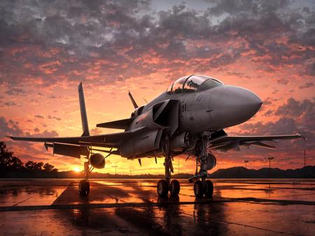 fighter jet, airplane, aircraft, sunset, ground, raining