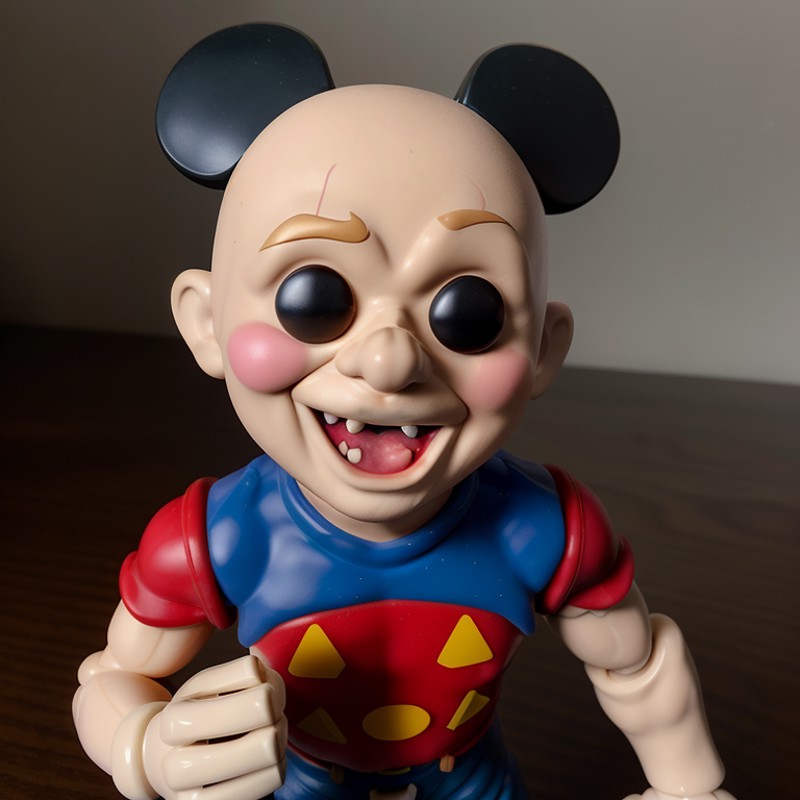 raw, analog photo of slh figurine, funko, smooth plastic texture, mickey mouse, looking at viewer,  hilarious comedy, movi...