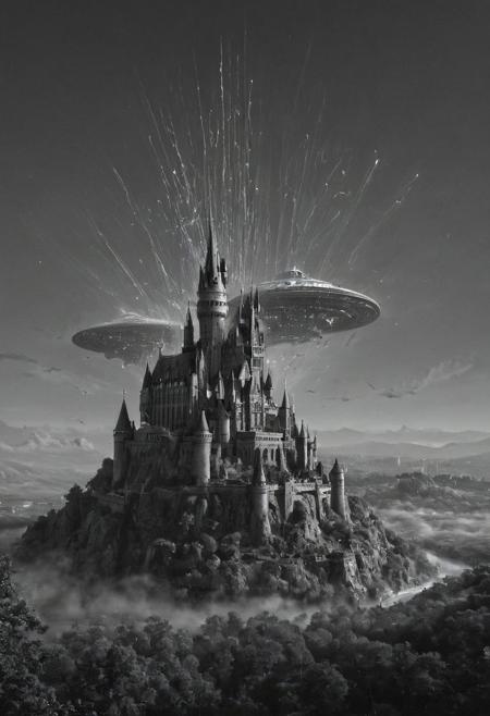 masterpiece,ASCII,8k.absurdes,intricate,maximum resolution,UFO attacking Hogwarts Castle laser beams,
<lora:detailed_notrigger:0.4>,<lora:SDXLFaeTastic2400:0.1>,<lora:zavy-chrmtcblr-sdxl:0.5>,gold becomes bleak,jewelry is no longer valuable,