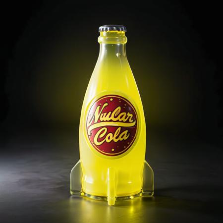 For a realistic depiction of 'Nuclear Cola - Banana Flavor', imagine a sleek, futuristic soda bottle with a soft neon glow, tinged with hints of yellow to suggest banana. The label is vibrant, showcasing an atomic-themed logo intertwined with stylized banana elements. 'Nuclear Cola - Banana Flavor' is written in bold, dynamic typography. The bottle appears chilled, its surface covered in condensation beads that catch the light from a modern, bright source, enhancing the yellow tones. Set against a backdrop suggestive of advanced refrigeration technology, the scene merges the concept of an energy-packed beverage with a twist of science fiction, emphasizing the unique appeal of a banana-flavored, high-tech drink <lora:nukacolas:0.75>