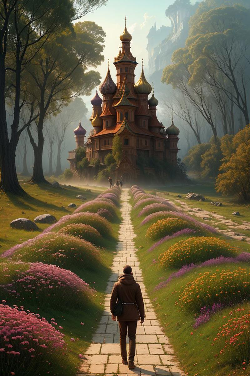 A man walking a path towards a castle with colorful domes.
