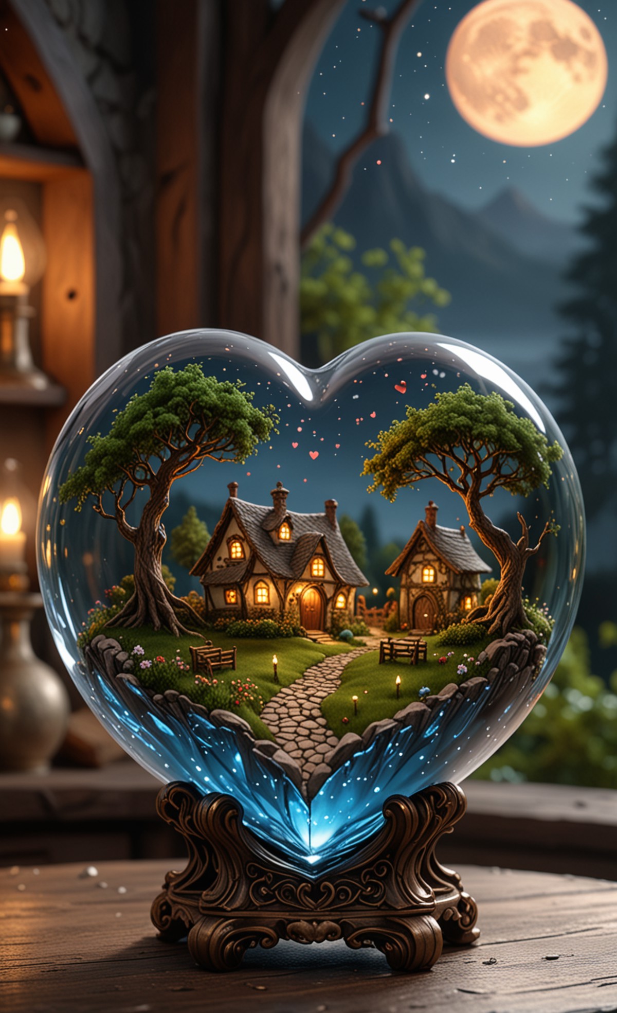There a glass Heart sculpture, concealed inside is a landscape of a hobbits village, in the dark, detailed image, 8k, 8k h...
