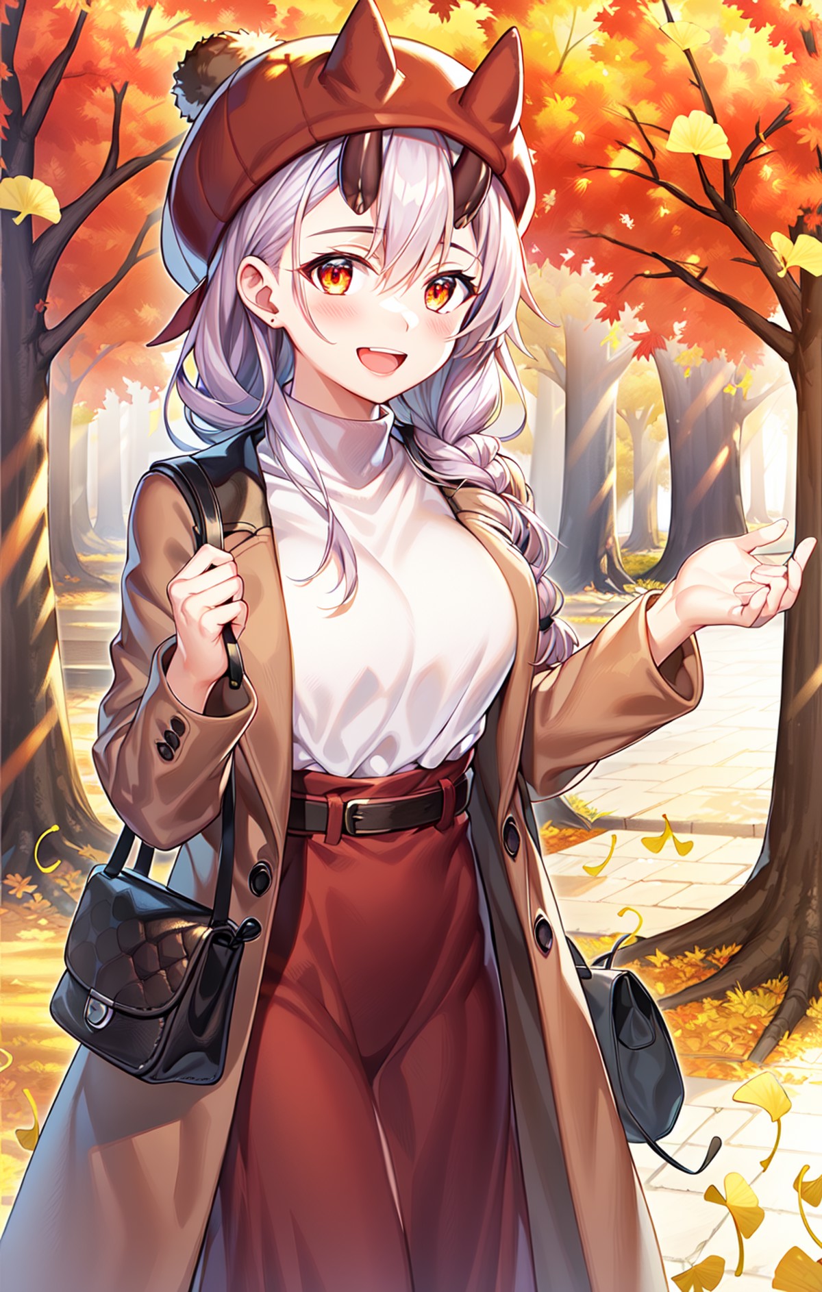 Casual, AutumnClothing, 1girl, solo, bag, outdoors, open mouth, ginkgo leaf, autumn, holding, looking at viewer, blush, sm...