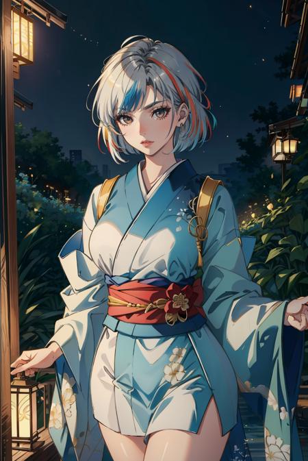 (masterpiece), (best quality), (official art, extremely detailed CG unity 8k wallpaper), (highly detailed), ((absurdres)), kimono, ((sfw)), ashinano-style, mature female, bad-girl, short hair, (((multicolored hair))), (light blue hair:1), (white hair:1.05), from above, bust shot, night, festival, lanterns, fireflies, (thighs),  <lora:badgirl-test-lora-wdvae:0.7>, <lora:lora:0.45>, <lyco:GoodHands-beta2:1.0>