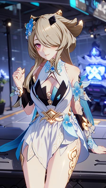 1girl,  purple eyes,  hair over one eye,  sweet osmanthus,  sitting,  smile,  mole under eye,  a beautiful magical garden,  flower on hair,  big boobs,  cleavage,  white dress,  blue markings,  blue flower on hair