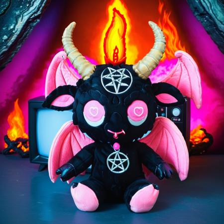 concept art  <lora:Baphies-Plushies:1> baphy_plushies, demonic_baphy, big_horns_baphy, winged_baphy,  a colorful demonic baphy with a pentagram on its forehead, watching tv, smiling, and holding a remote, at night, in the background hellfire cavern, colors: red, orange, pink, ultra detailed, ultra quality, cinematic, dramatic lighting . digital artwork, illustrative, painterly, matte painting, highly detailed