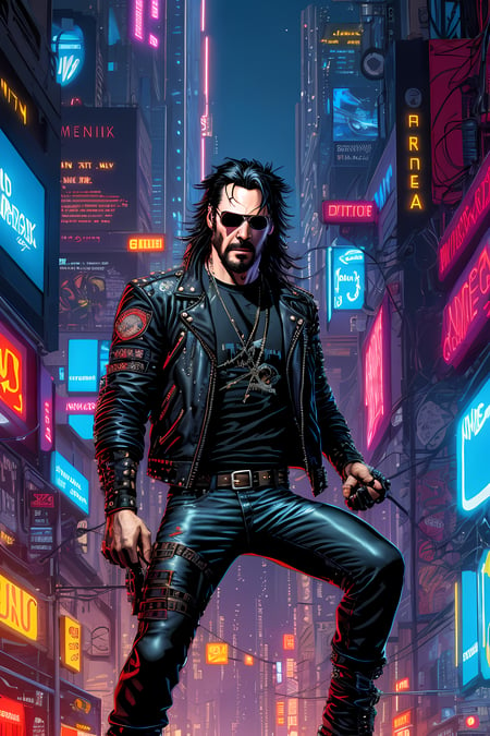 ((lineart)), (Keanu Reeves as Johnny Silverhand, ((long hair)), red aviator sunglasses, punk rock metal influence, black l...