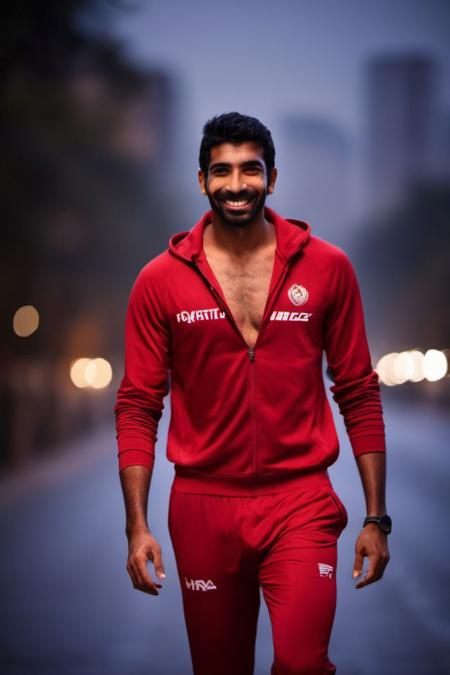 Sendhil Ramamurthy a man <lora:Jasprit-Bumrah_Sendhil-Ramamurthy:0.8>, realistic photo in a worn ((skin-revealing skimpy erotic red tracksuit, massive hairy pecs)), big pecs, big arms, bulge, VPL, ((light bokeh)), intricate, (steel metal [rust]), elegant, erotic, exuding sexual energy, homoerotic, sharp focus, photo by greg rutkowski, soft lighting, vibrant colors, (masterpiece), ((streets)), (detailed face), looking at viewer, light smile, night, walking towards viewer, cinematic lighting, beautiful lighting, cinematic lighting, (hazy filter, film grain:1.2)