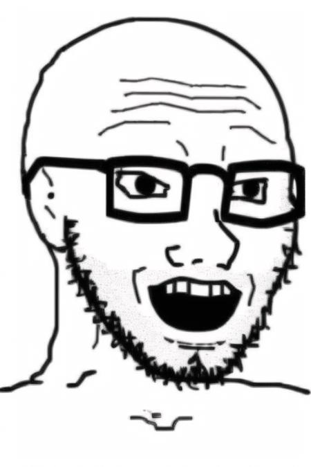 <lora:wojak:.8>, wojak, masterpiece, best quality, monochrome, greyscale, solo, 1boy, male focus, simple background, glasses, open mouth, facial hair, looking at viewer, white background, bald, wide-eyed, meme, beard, teeth, parody, portrait