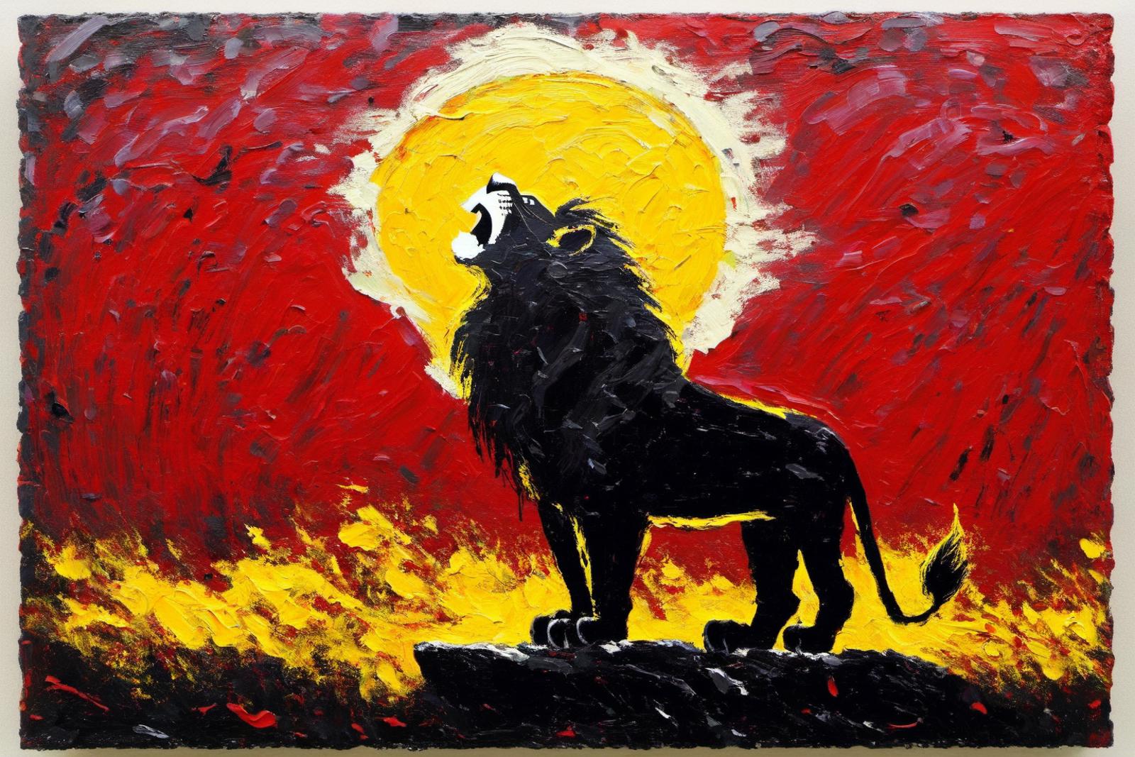 A painting of a lion roaring at the sun.