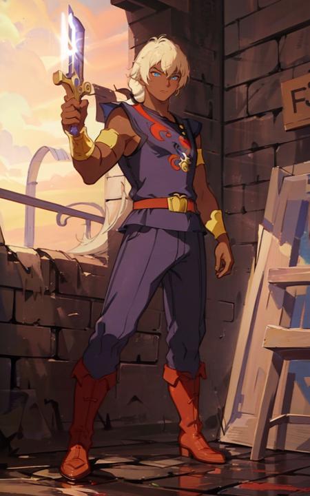 ren man, a cartoon character with blonde low ponytail hair and purple outfit, blue eyes, golden armlets, golden earring, red boots, holding a glowing green gem in his hand holding a sword in his hand