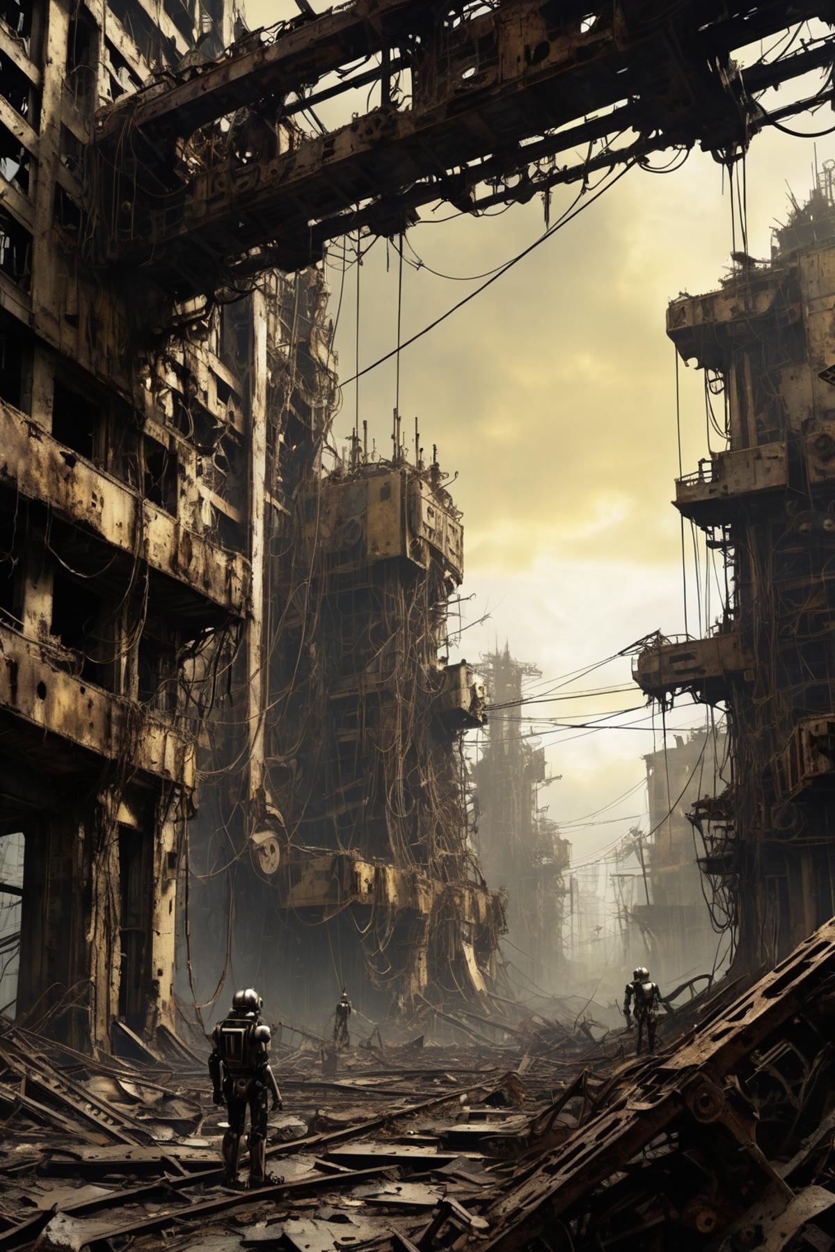 An artistic image of a destroyed city with crumbling buildings, wires, and a grey sky.