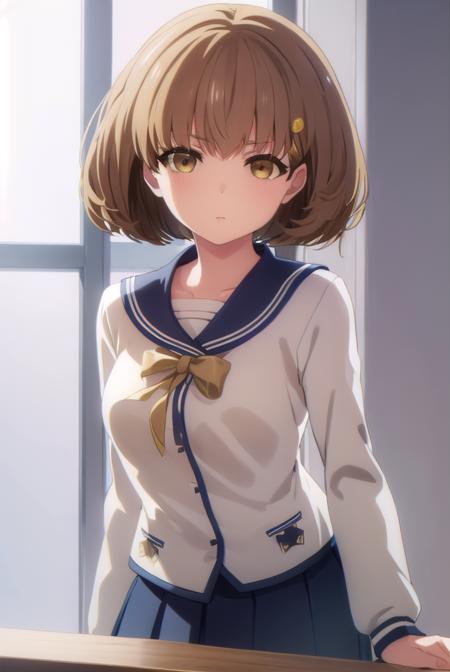 kimiekamata, <lora:kimie kamata s1-lora-nochekaiser:1>,
kimie kamata, short hair, brown hair, hair ornament, (brown eyes:1.5),
BREAK skirt, long sleeves, school uniform, pleated skirt, serafuku,
BREAK indoors, classroom,
BREAK looking at viewer, (cowboy shot:1.5),
BREAK <lyco:GoodHands-beta2:1>, (masterpiece:1.2), best quality, high resolution, unity 8k wallpaper, (illustration:0.8), (beautiful detailed eyes:1.6), extremely detailed face, perfect lighting, extremely detailed CG, (perfect hands, perfect anatomy),