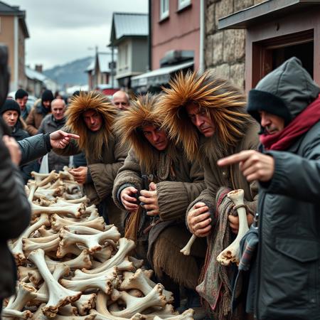 A realistic image of some ragged looking inuit merchants selling bones in the streets of Hjerkinn in Norway, spectators looking angry at them and pointing fingers agressively and accusingly