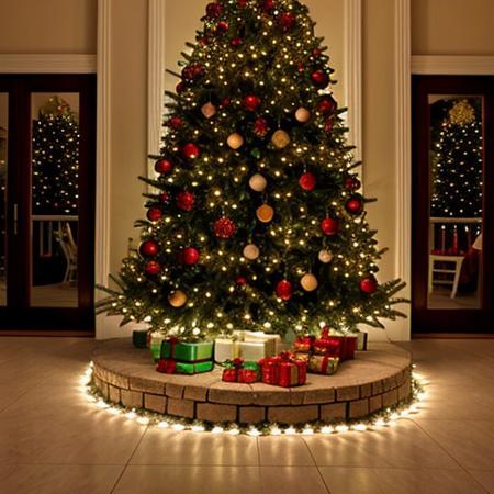 Festive decorative arrangement with christmas tree and christmas lights