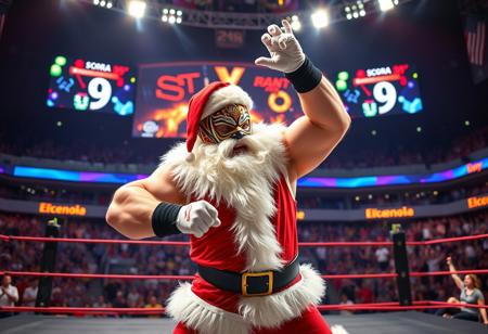 score_9, score_8_up, wrestling stadium, lights, giant screens, the stands full of people cheering, wrestling ring, very muscular SANTA CLAUS using a lucha libre mask  sleeveless  beating a group of  wrestling fighters and defeating them with wrestling movements