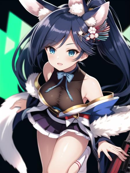 Jintsuu,blue hair,high ponytail, blue eyes,animal ears,hair ornament,black shirt,blue kimon,miniskirt,obi,socks,sleeveless,