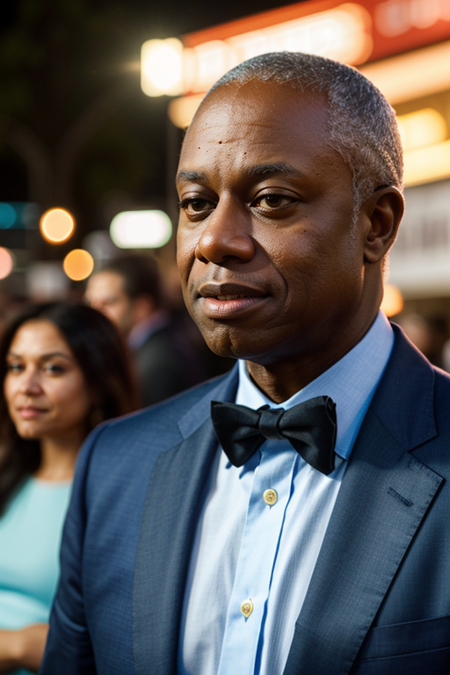 AndreBraugher, (movie star at a movie premiere, premiere gala, outdoors, Los Angeles, Hollywood, outside a movie theatre:1.3), (looking at viewer:1.2), natural skin texture, smile, perfect makeup, upper body focus, formal event, modelshoot, pose, (tuxedo), 24mm, 4k textures, soft cinematic light, adobe lightroom, photolab, hdr, intricate, elegant, highly detailed, sharp focus, (cinematic look:1.3), soothing tones, insane details, intricate details, hyperdetailed, low contrast, soft cinematic light, exposure blend, hdr, faded, (paparazzi in background)