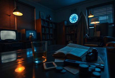 Retro noir-themed decor. Shot on a Leica M11, deep contrast, cinematic shadows, ISO 200. Summilux-M 35mm f/1.4 lens. Low-angle shot with layered foreground. Cool-toned, moody lighting.
A dim mid-century room with an old rotary phone beside an overflowing ashtray. The flicker of a CRT TV reflects off a glossy wooden table, casting rippled shadows. A neon clock hums, bathing the space in cool blue light. The faint crackle of a distant radio breaks the silence, interrupted by passing cars outside.
Moonlight seeps through half-open blinds, striping dusty bookshelves with contrast. The dark ceiling absorbs most light, making neon accents pop. A blurred foreground features cigarettes and an old camera, framing a film-noir aesthetic. A half-drunk glass of whiskey rests on the windowsill beside an unopened letter, its edges curling. A detective novel with a cracked spine sits on a faded leather chair, abandoned mid-read.
A trench coat hangs in the corner, still damp from rain. A half-empty scotch bottle stands beside a typewriter, its ribbon tangled, a thought cut off mid-sentence. The scent of old paper, dust, and stale smoke lingers. A dim desk lamp casts stretched shadows over a scattered deck of playing cards. The air feels thick, heavy with forgotten conversations and unsolved mysteries, frozen in a moment of quiet tension.