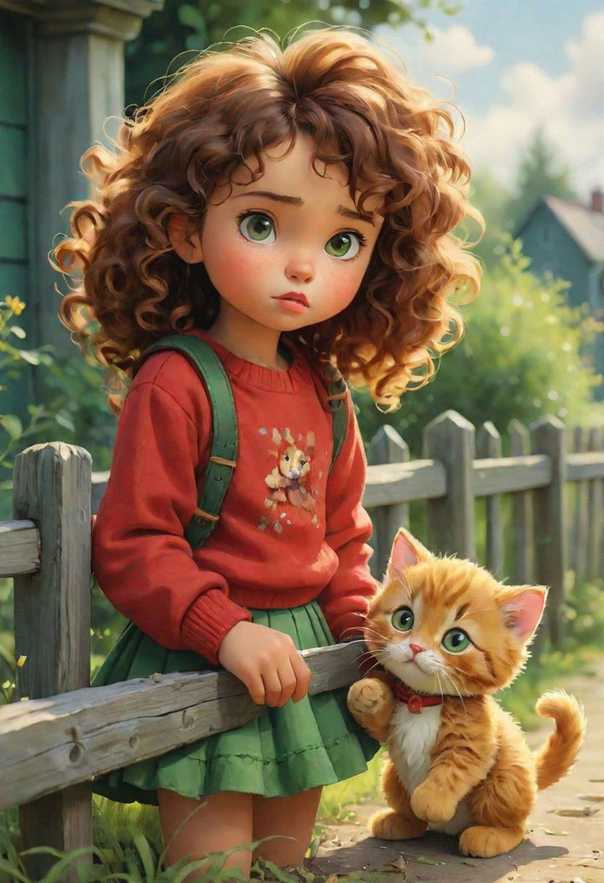 Cute Little girl with curly hair holding toy teddy, she's dressed in a red jumper, green skirt.  She's leaning against a b...