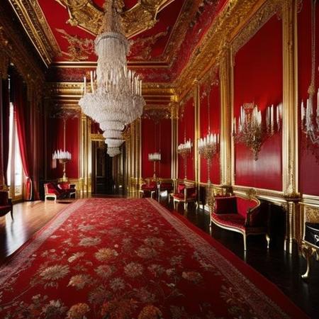 <lyco:baroque_interior_design:1.0> red room, palace, gold details