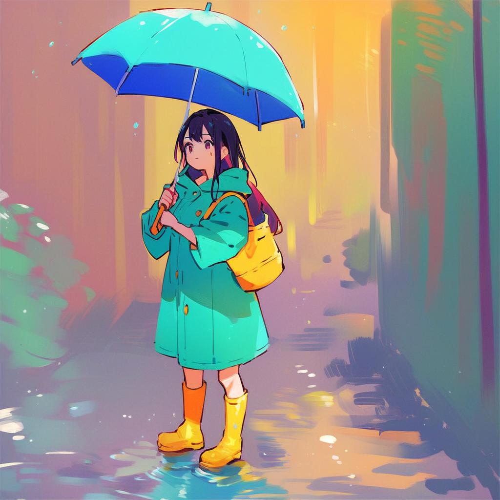 1woman, holding umbrella, yellow rain boots, blue raincoat, Japanese suburb background, standing in puddle, colorful, score_9, score_8_up, score_7_up, score_6_up, score_5_up, score_4_up,