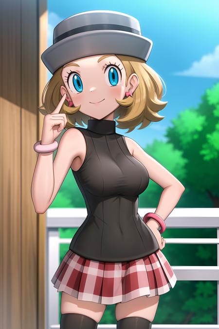 gonzarez, masterpiece, serenaj, 1girl, grey headwear, solo, jewelry, thighhighs, sleeveless turtleneck, turtleneck, skirt, smile, sweater vest, blonde hair, earrings, hat, blue eyes, sleeveless, closed mouth, eyelashes, vest, blush, bangs, hand on hip, breasts, medium hair, hand up, bracelet, looking at viewer, outdoors, black thighhighs, brown thighhighs, sky, day, sparkle, shiny, cloud, pleated skirt, red skirt, brown vest, water, cowboy shot, <lora:Gonzarez_Style-09:1.1> <<lora:Serena_Journeys:0.8> <lora:more_details:0.2>