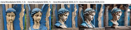 cinematic photo photo (sculpture beautiful angel bust:1.2) (wearing roman  toga cloth garment:1.2), on pedestal, woodplank texture, painted blue with weathered cracking flaking peeling paint, showing wood, background unpainted wood    <lora:Woodplank-SDXL:1> . 35mm photograph, film, bokeh, professional, 4k, highly detailed