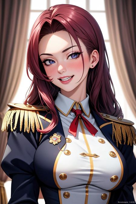 ((Masterpiece, best quality)),edgQuality,smirk,smug,
edgElegant, 1girl, solo, long hair, breasts, looking at viewer, blush, open mouth, epaulettes,wearing edgElegant
 <lora:edgElegant-000002:1>