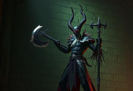"In a detailed, high-quality image, an evil lord named Poison stands in a striking pose, armed with an Axe of Despair. He is set against a backdrop of a green wall in Infernalvania. The scene has a horror sci-fi aesthetic, with a focus on vivid colors, precise details, and a dynamic composition. This would make a stunning and captivating piece of concept art, rendered in 4K with advanced technology such as Octane Render or Unreal Engine 5, and exhibiting the style of artists like Raphael or Houdini."
