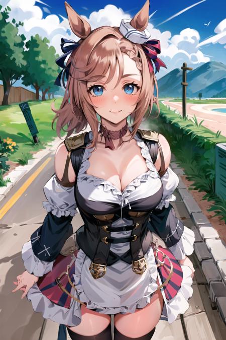 best quality,masterpiece, high res,original, beautiful detailed eyes,ultra-detailed, 1girl, solo, venus park \(umamusume\), standing, blush, smile, looking at viewer, detailed background, outdoors, (eishin flash cosplay)
  <lora:venus park:0.9> <lora:eishincos:0.8>