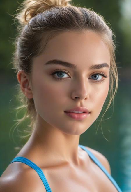 hyper realistic and detailed photo of a cute 18 yo american female swimmer, shallow depth of field, cleavage, two-packs abs, golden blonde straight messed up hair, straight waist, realistic textures, 8k movie still, cinematic, looking at viewer, straight hip, narrow hip, small hip, small round shape butt, tiny breasts, long muscular legs, Youthful, radiant complexion with fair skin. 
Her facial structure is characterized by soft, rounded features with a gentle jawline that complements her overall delicate visage. The eyebrows above are well-defined, arched gracefully, adding to the intensity of her gaze. Her hair, a rich golden brown, is pulled back into a high ponytail that cascades in gentle waves, framing her face elegantly. Her lips are full and appear soft, providing a neutral yet inviting expression. The subject's nose is proportionate to her face, with a subtle, rounded tip that harmonizes with her soft facial features.
The eyes are a distinctive feature, conveying a remarkable depth of color   a shade of light blue. Her irises are ringed with a darker blue hue. Her pupils are centered and clear. The eyelids are smooth, with a subtle crease that adds depth to her eye structure. Her lashes are of a lighter brown, long and evenly spread, curling gently upwards.