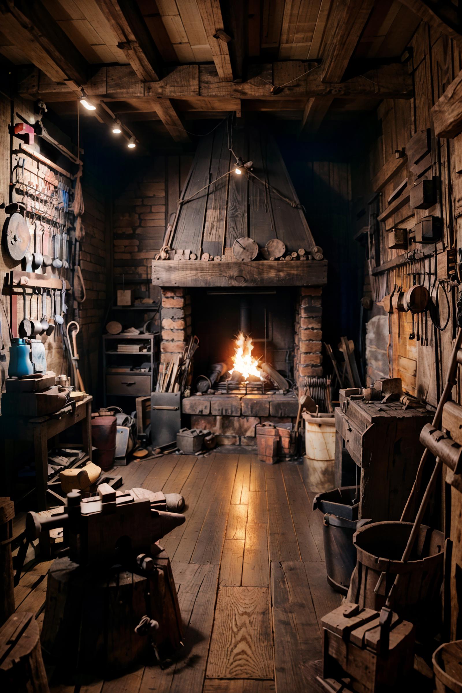 A cozy fireplace in a workshop with tools and pots.