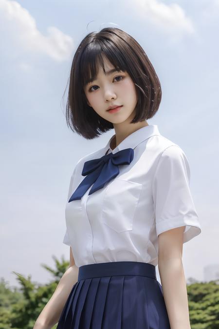 jk, 1girl, solo, short hair, looking at viewer, breasts,  skirt, shirt, black hair, closed mouth, white shirt, short sleeves, pleated skirt, blue skirt, upper body, blue bow, 
 <lora:jk_v3:0.7>