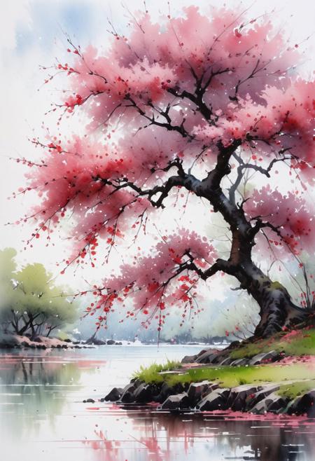 a painting of (Cherry tree in an island), watercolor painting, artstation, concept art, smooth, sharp focus, illustration in the style of artists like Russ Mills, Sakimichan, Wlop, Lois, Art Germ, Darek Zabrocki, and Jean-Baptiste Monge, ultra HD masterpiece, award winning work.  Paul Signac Style