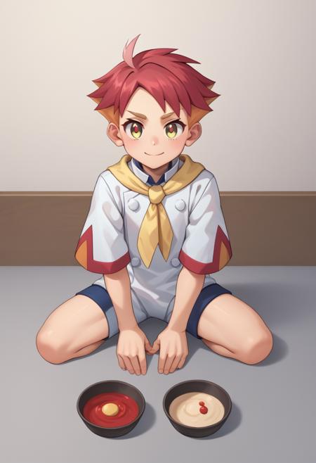 crispin, multicolored hair, red hair, yellow eyes, red pupils, partially fingerless glove, single red glove, short sleeves white jacket, multicolored shorts, white shorts, yellow neckerchief, double-breasted, orange footwear