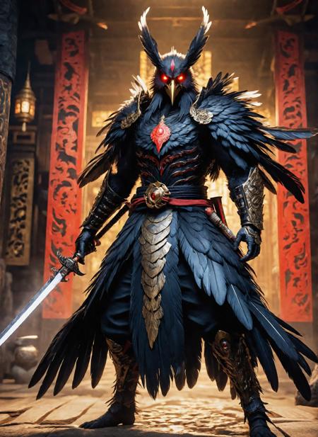 full body of a man, looking at the viewer,black feathers,red eyes,in the style of niohxl  <lora:niohxl-step00000300:0.4>,more eyes,golden tattoos,masterpiece,8k,cinematic,epic,holding a sword