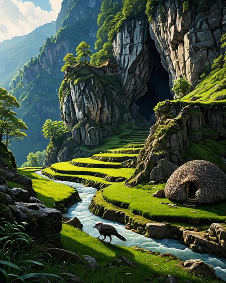 hyperrealistic art  a wanderer between worlds in flowing clothes, (epic landscape:1.5),  (style Historical drawing), (style Historical painting),best quality, masterpiece, extremely detailed,  professional  art,  professional painting, an extremely delicate and beautiful, dynamic,  great lighting, perfect shading, professional shading, depth of field,   side soft light, elegant, gorgeous, highly detailed,   full shot, uncropped,   pure genious, absolutely perfect,  highly detailed, breathtaking,
Rice paddies stepped into hillside, hedgehog nest under roots, roman mosaic floor fragments,glacial erratics turned forest monoliths where ice-age hunting scenes melt into view, their surfaces mapped by woodpecker-tattoo artists, 
<lora:psychedelic_trip:0.7> psychedelic trip,
<lora:EldritchRomanceIllustration1.3.1:0.15>,
<lora:- SDXL - vanta-black_contrast_V3.0:0.3>,
<lora:add-detail-xl:1>,
<lora:detailed_notrigger:1>, . extremely high-resolution details, photographic, realism pushed to extreme, fine texture, incredibly lifelike